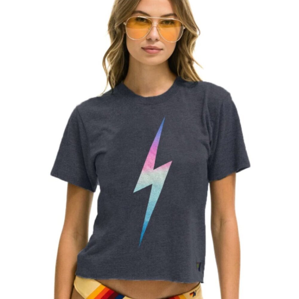 Aviator Nation Charcoal Black Shirt with Rainbow Lightning Bolt